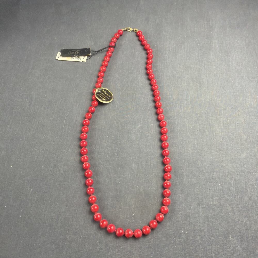 Vintage Monet Red Marble Glass 6mm Knotted 24" Necklace NWT